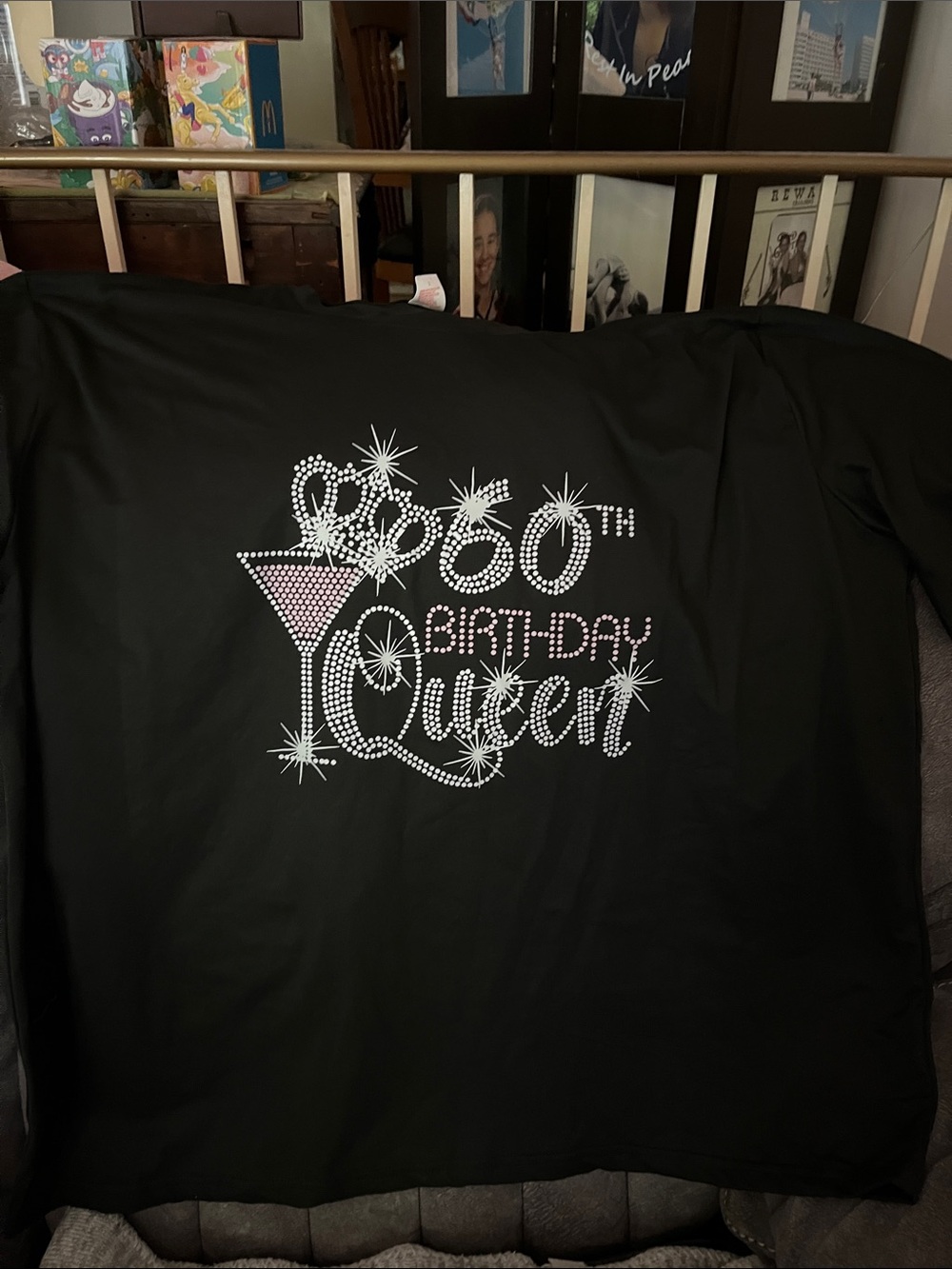 60th Birthday Queen Rhinestone Tee - Black with Pink & Silver